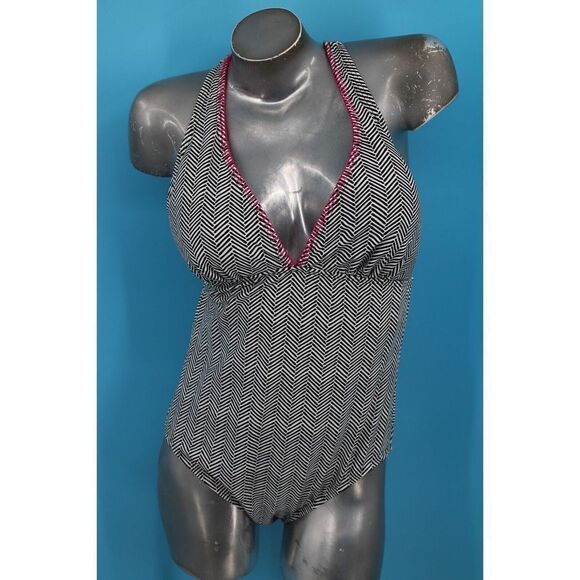 AQUA COUTURE BLACK WHITE WITH HOT PINK ONE PIECE SIZE LARGE SWIMSUIT WOMENS - Picture 1 of 10
